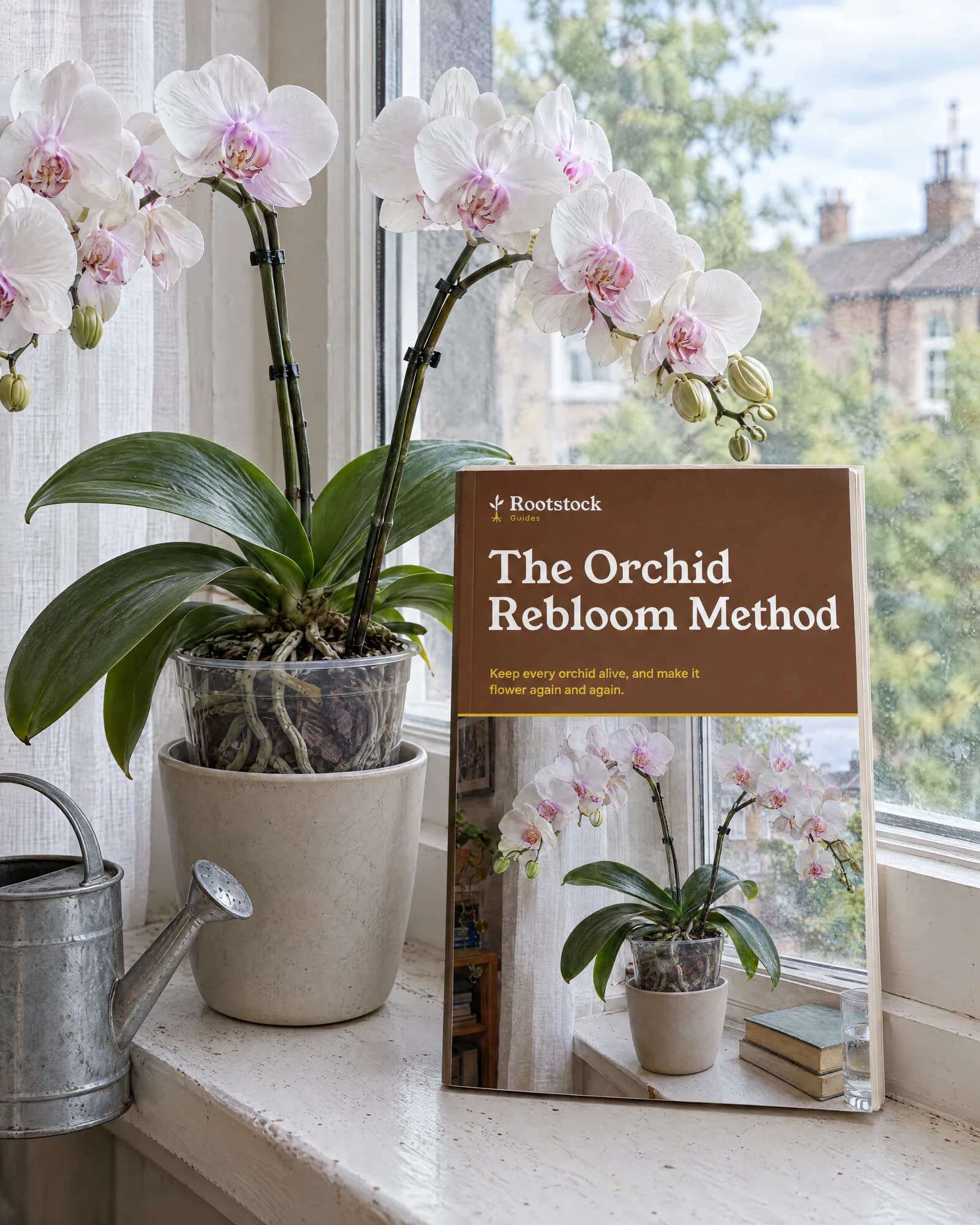 The Orchid Rebloom Method guide on a windowsill next to a flowering orchid